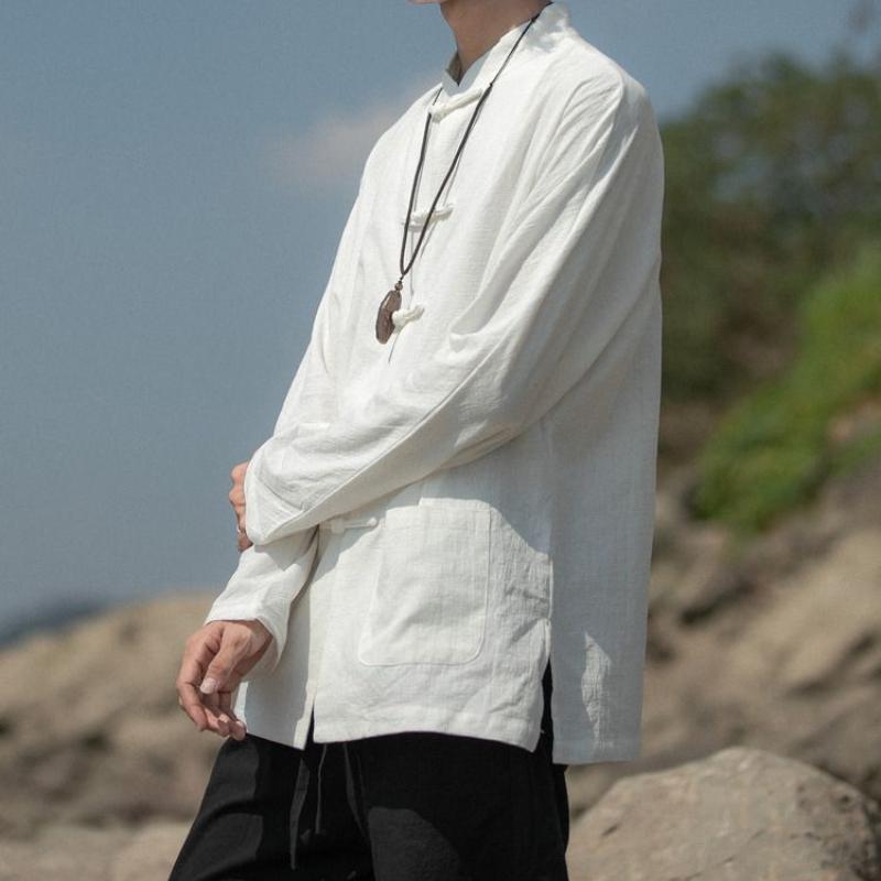 Tang Suit Men's Retro Chinese Style Linen Shirt Long-sleeved Linen Stand-up Collar Shirt