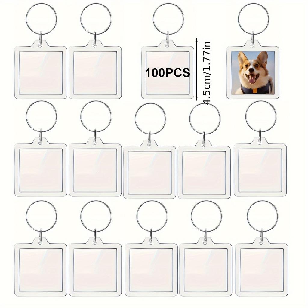 50/100pcs Clear Acrylic Photo Frame Keychains DIY 2D Picture Holders Frame Keychain Kit with Silvery Ring for Backpacks Car Keys