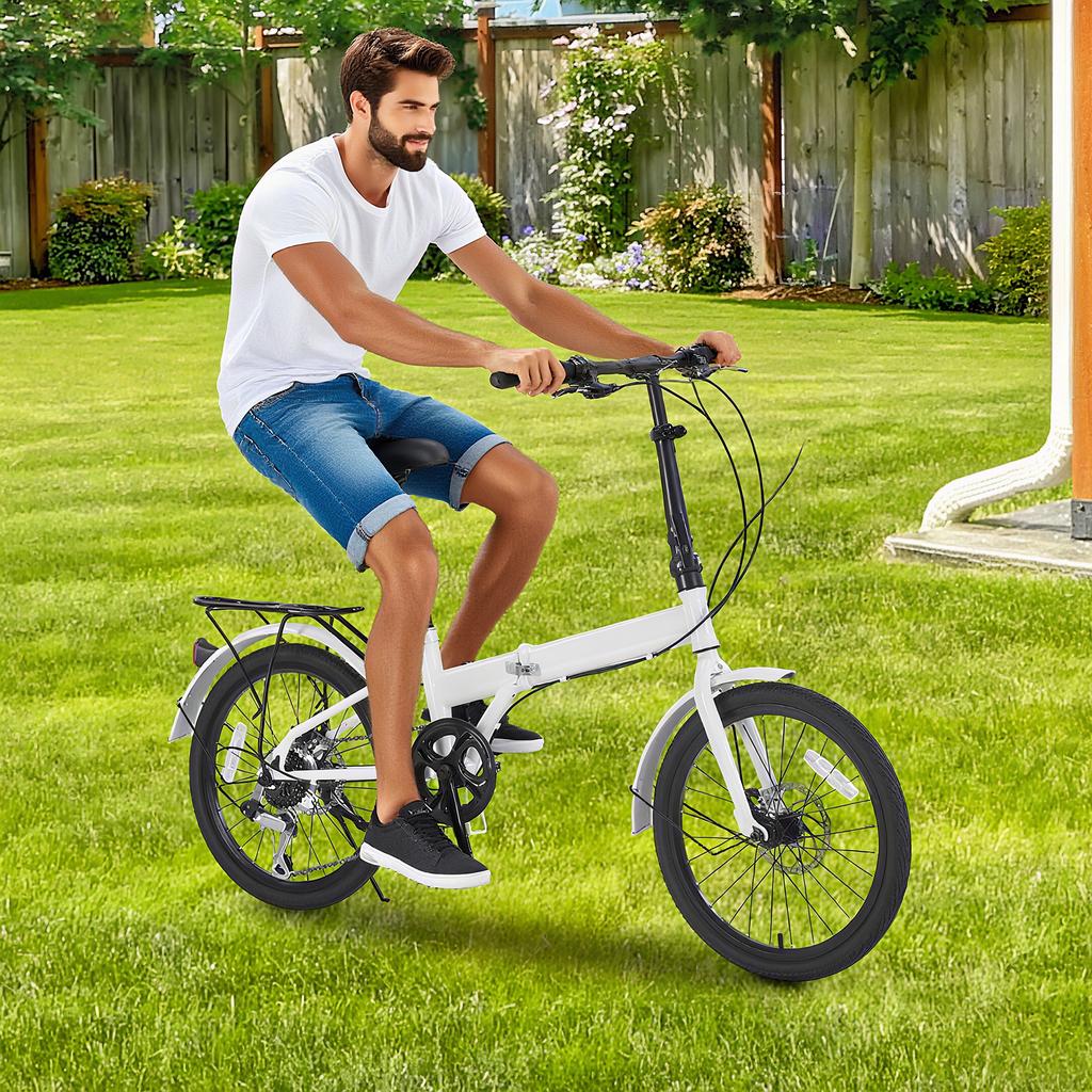 20In White Iron T-shaped 7-speed Seat Height Adjustable Folding Bicycle, City Bicycle with Disc Brake for Traveling & Exercising