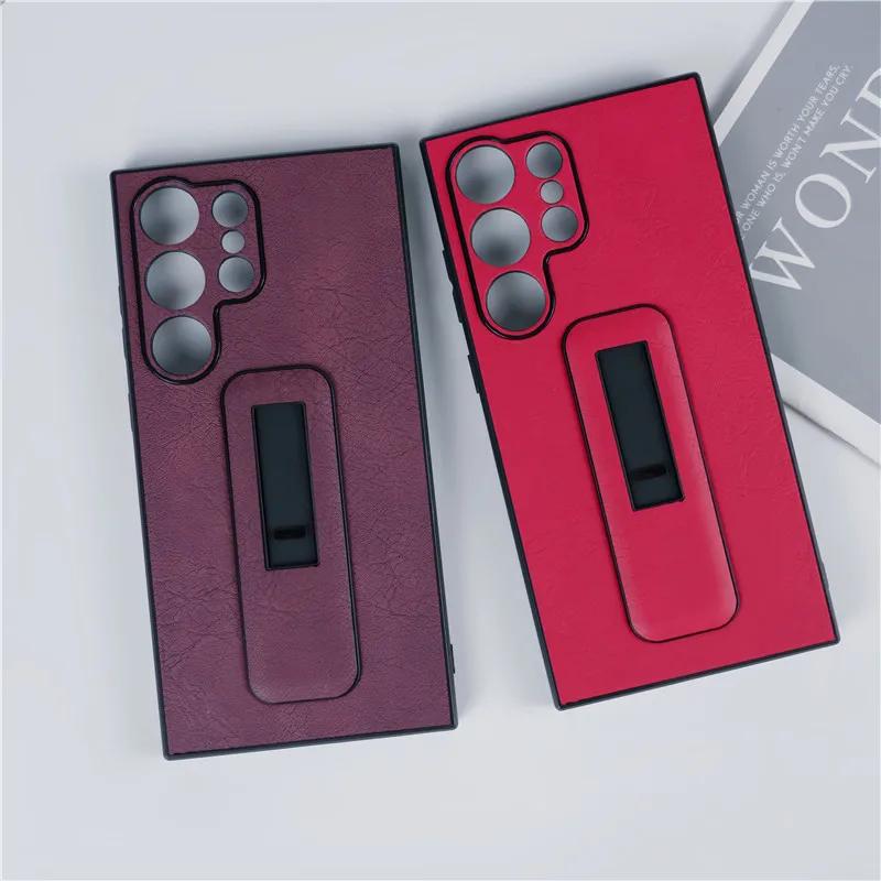 Faux Leather Cover with Invisible Bracket for Samsung Galaxy S24 S23 S22 S21 Ultra Plus + Kickstand Ring Holder Stand Phone Case