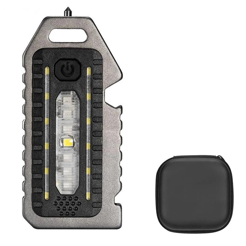Portable LED COB Multi-functional Flashlight Keychain Outdoor Emergency Survival Whistle Bottle Opener Broken Window Hammer