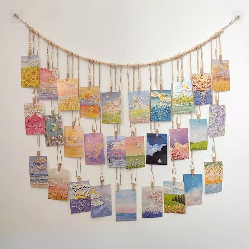 Home Decoration Photo Wall Wooden Beads Hemp Rope Clip Wall Hanging Living Room Background Decor Wall Photo Storage Display Clip