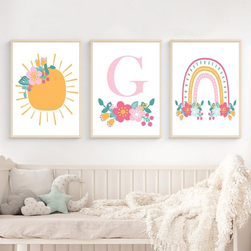 Cute Sun Rainbow Clouds Stars Flowers Nursery Wall Art Canvas Painting Cartoon Posters And Prints Pictures Baby Kids Room Decor