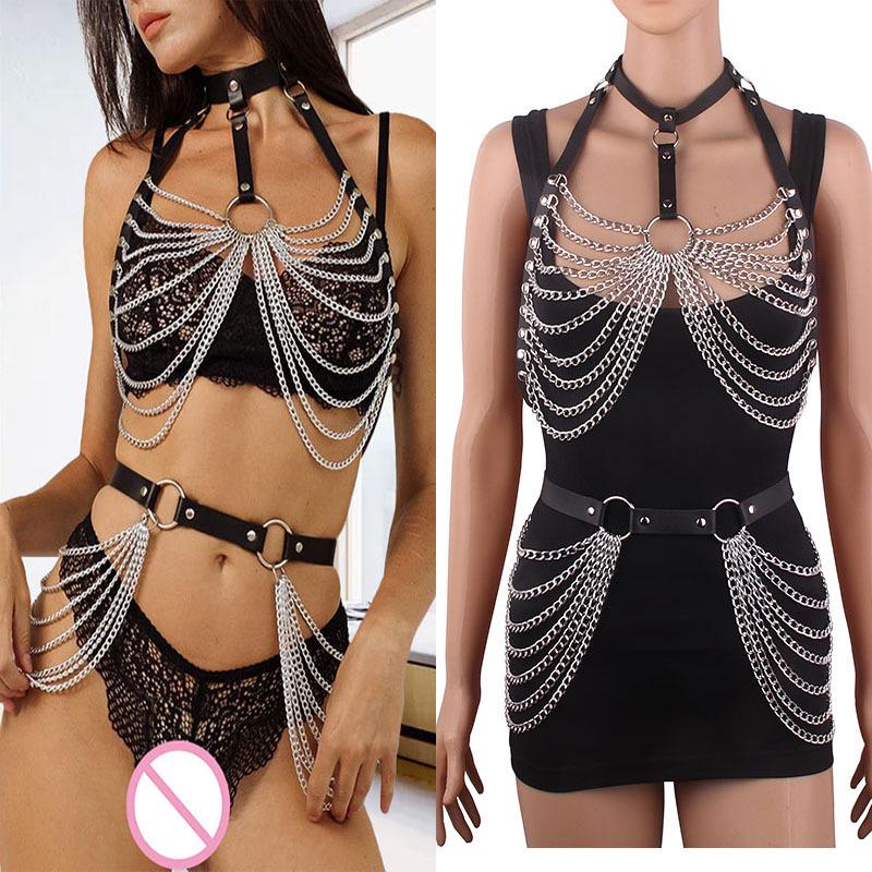 Gargantilla de Cuero Multicapa con Borlas y Cadena de Aleación para Pecho y Cintura, Superventas Transfronteriza