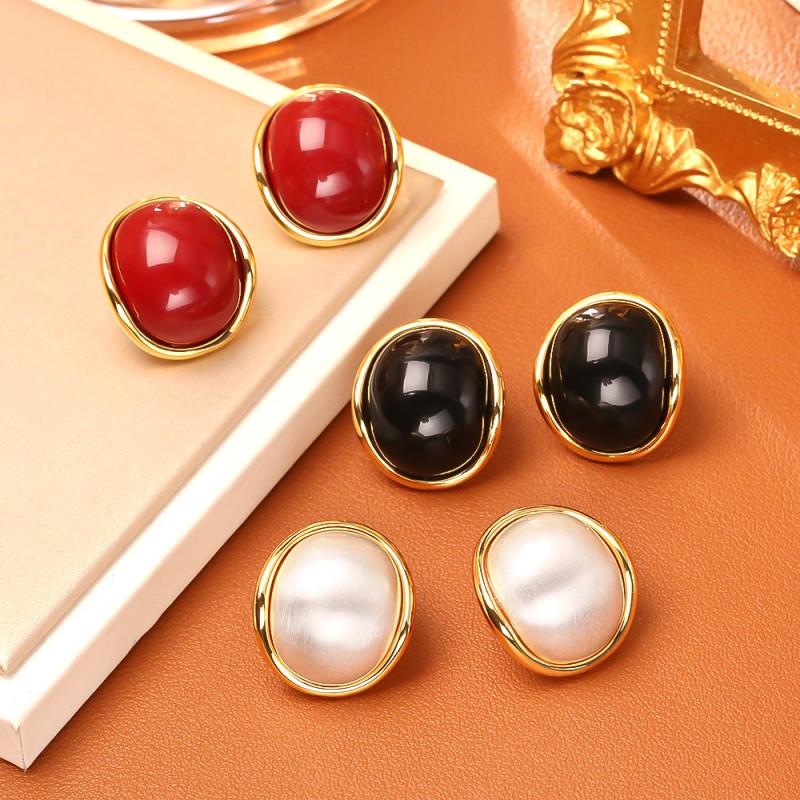 Elegant Oval Stud Earrings Women Vintage French Style Minimalist Jewelry With Post Real Gold Plating