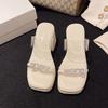 Thick-soled High-heeled Slippers for Women's Summer Outer Wear New Year's Transparent One-word with Rhinestone Thick Heel Premium Cool Slippers