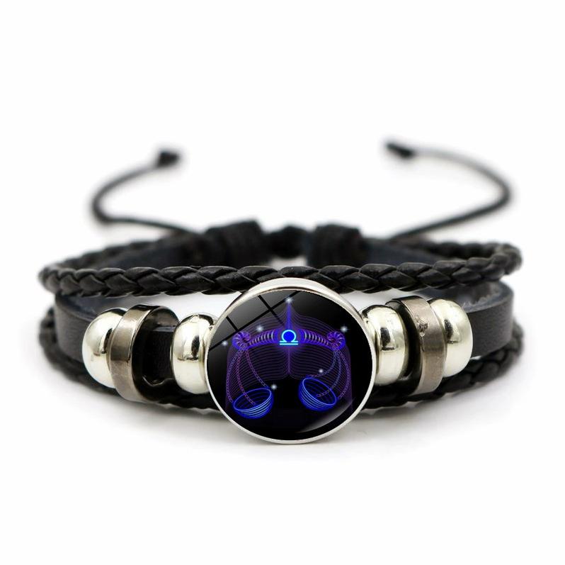 12 Sternbilder Sternzeichen Schwarzes geflochtenes Lederarmband Krebs Löwe Jungfrau Waage Gewebtes Glaskuppelschmuck Punk Herrenarmband