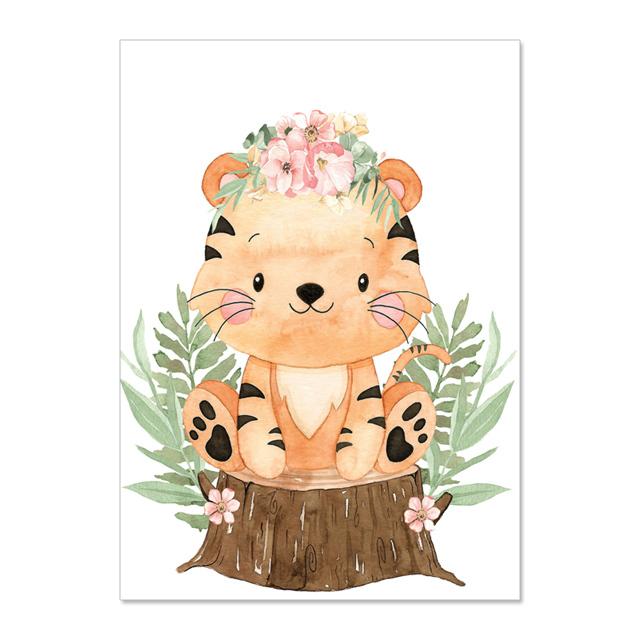 Cartoon Wearing Flowers Animal Leaves Nursery Wall Art Canvas Painting Posters And Prints Wall Pictures Baby Kids Room Décor No Frame