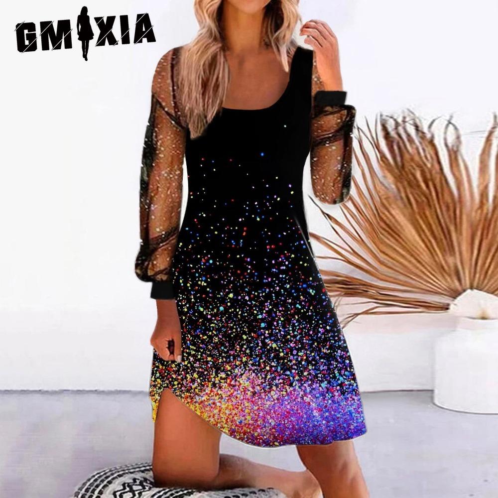 GMXIA Women's Fashion Spring Autumn Solid Color Print Long Sleeve U-Neck High Waist Casual Dresses