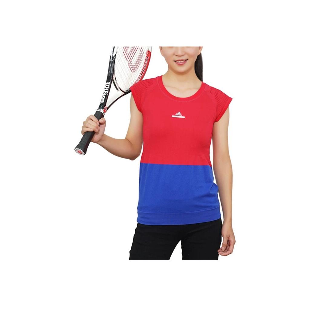 adidas Color Block Quick Dry Short Sleeve Tennis Shirt Women Tops Red Blue BQ3465