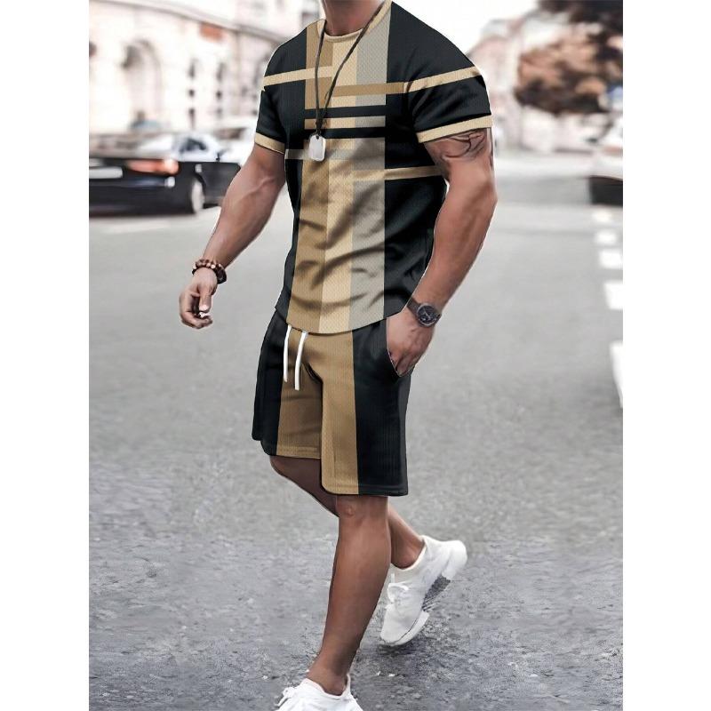 Men's Summer Two-piece Set Patchwork Color Street T-shirt Casual Outdoor Sports Short-sleeved Rope Shorts Men's Clothing
