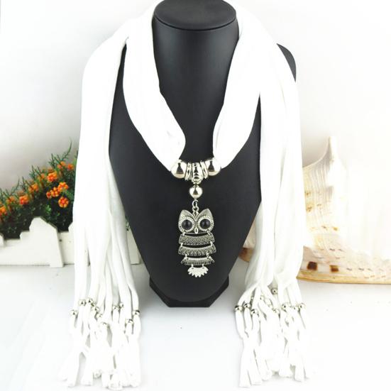 Langer Fransen-Schal für Damen, einfarbig, Retro-Eulen-Anhänger-Halskette, Schal, Kostüm-Accessoires