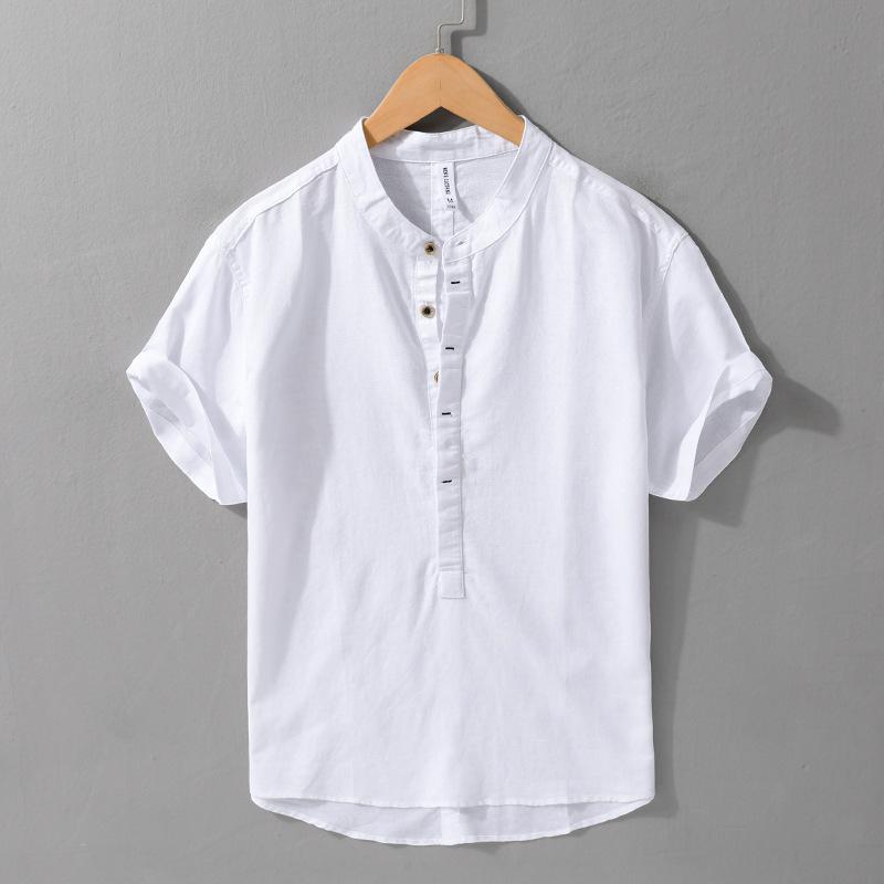 

Men s Spring and Summer Wrinkled Linen Short-sleeved Shirt XS білий