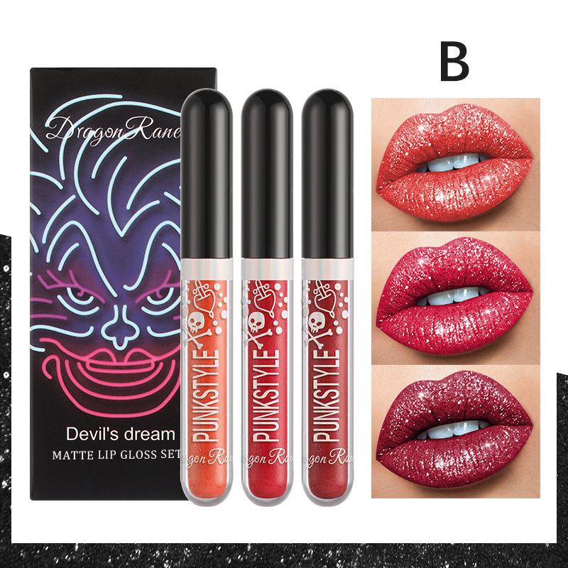 Halloween Three-piece Sequin Lip Glaze Box Non-stick Cup Lipsticks Glitter Pearl Stage Lip Gloss Set Is Perfect for Parties