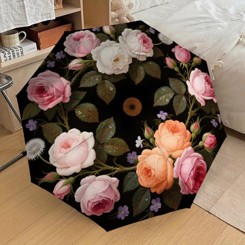 1pc Roses and Dandelions Circular Arrangement Umbrella with Plastic Handle,Suitable for All Seasons Home Travel Outdoor UmbrellaDD1829