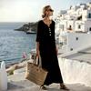Loose Maxi Dress for Women,  3/4 Sleeve Button Up V Neck Casual Long Dress, Summer Flowy Beach Sundress