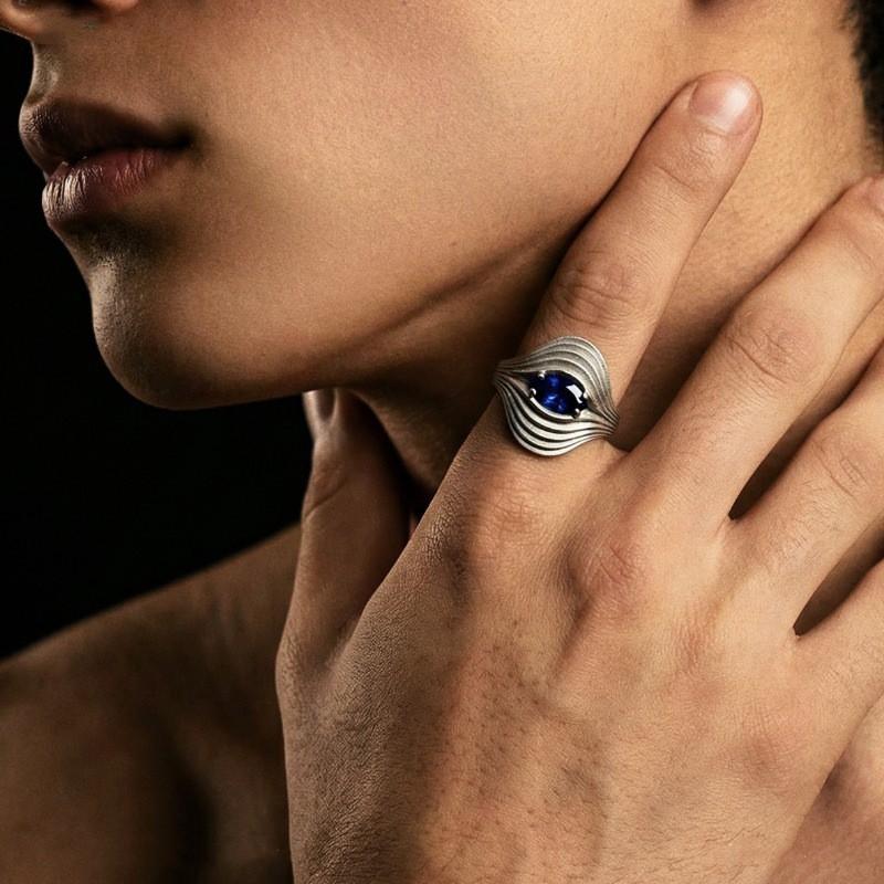 Adjustable Open Ring With Nebula Eye Motif Blue Zircon Geometric Wave Unisex Vintage Statement