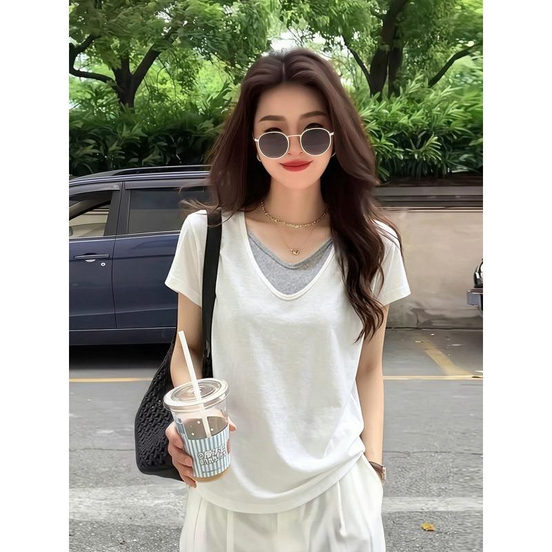 Women Loose Fit V Neck Color Block Thin Short Sleeve Casual Summer Basic T Shirt