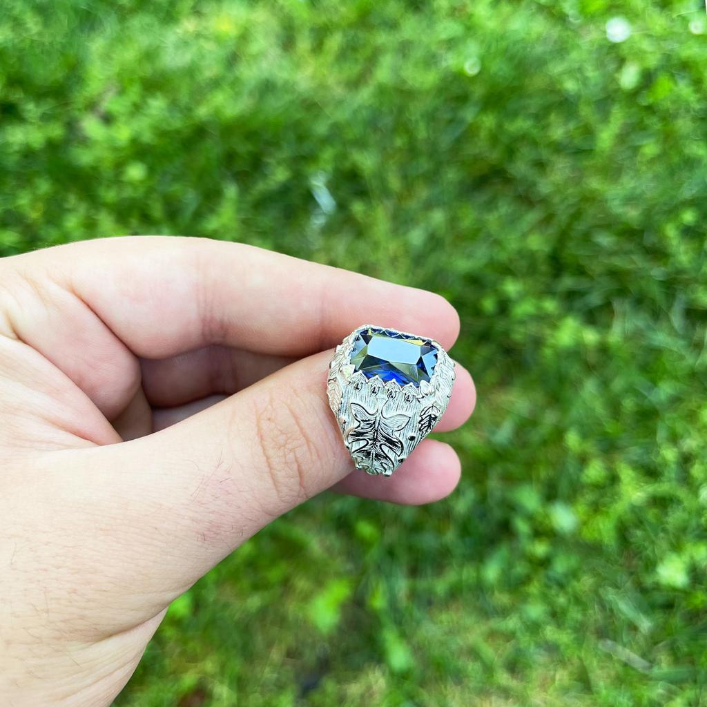 925K Sapphire Stone Silver Ring - Turkish Artisant Jewelry, Modern and Classic Men's Ring Design, Gift Idea for Men