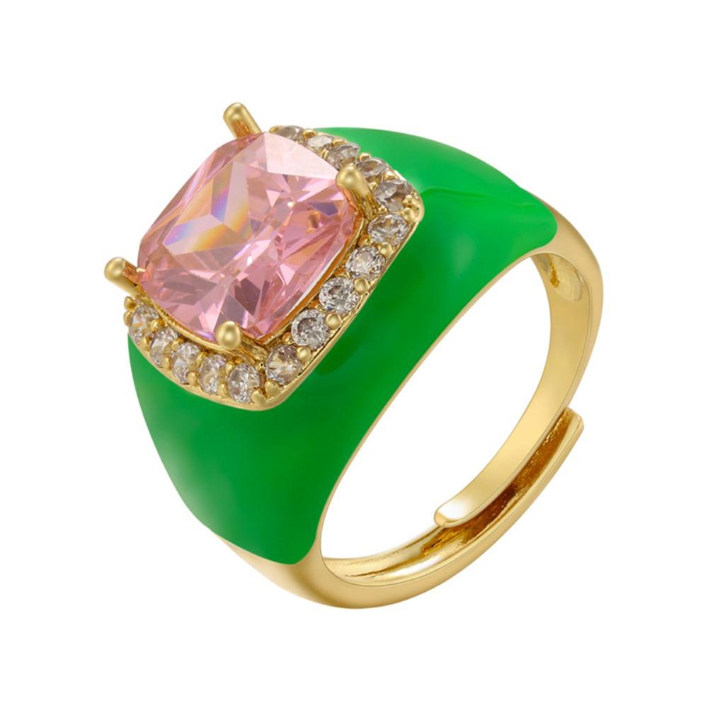 Gold Plated Zircon Open Ring Multicolor Geometric Square Ring Enamel Dripping Oil Ring  For Women
