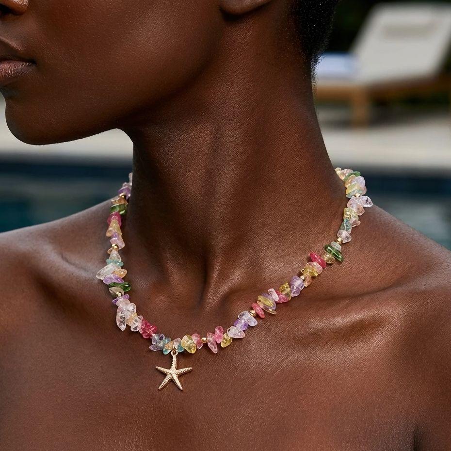 Bohemian Colorful Natural Crushed Stone Choker for Women Creative Crystal Beaded Starfish Pendant Necklace Beach Jewelry Gift