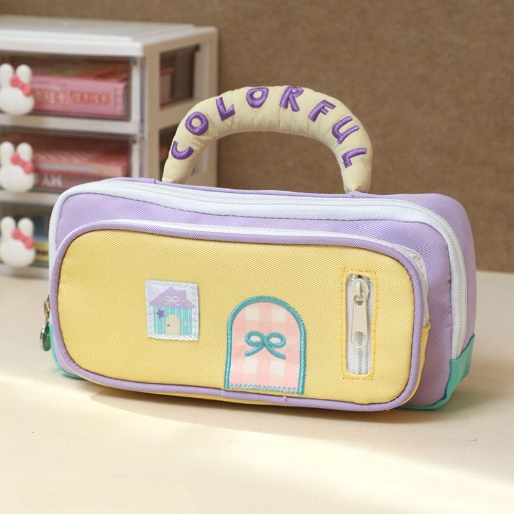 Embroidered Stationery Storage Bag Zipper Pen Pencil Case Dopamine House Pencil Bag  School