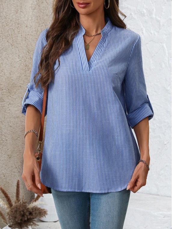 In Stock 2025 V-neck Casual Striped Long-Sleeved Shirt for Spring and Autumn in Europe and America Style