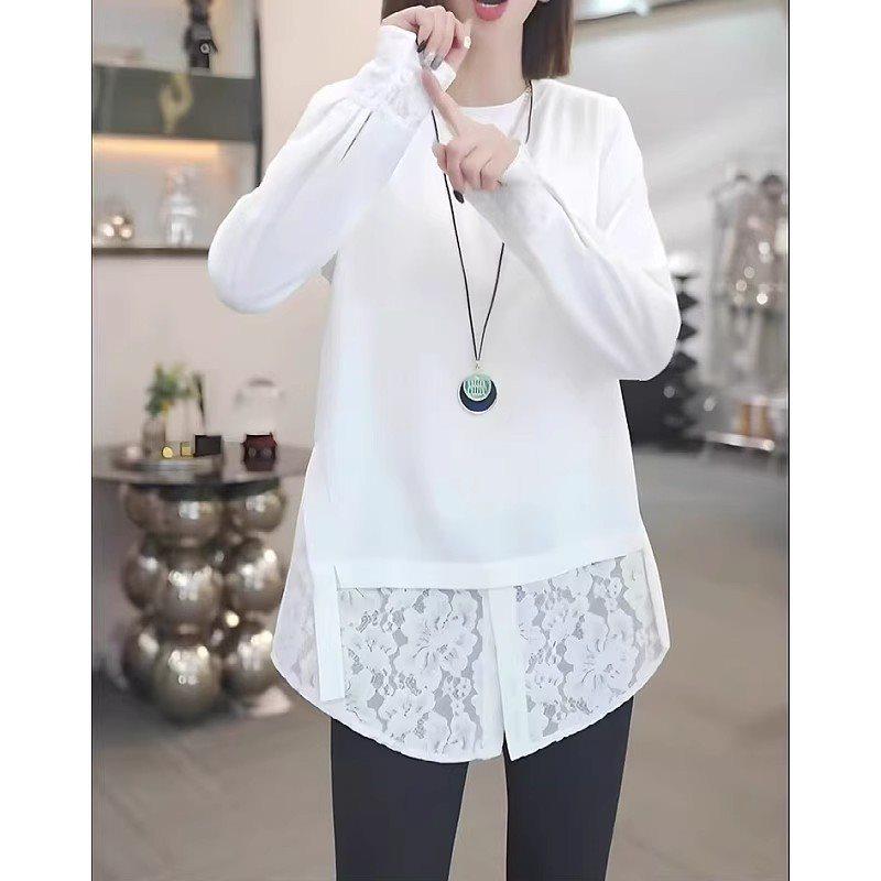 

Хлопковая футболка большого размера с кружевной вставкой, с длинным рукавом - Осень 2025, свободного кроя, топ для внутреннего слоя L (Recommended for 100-118 lbs)