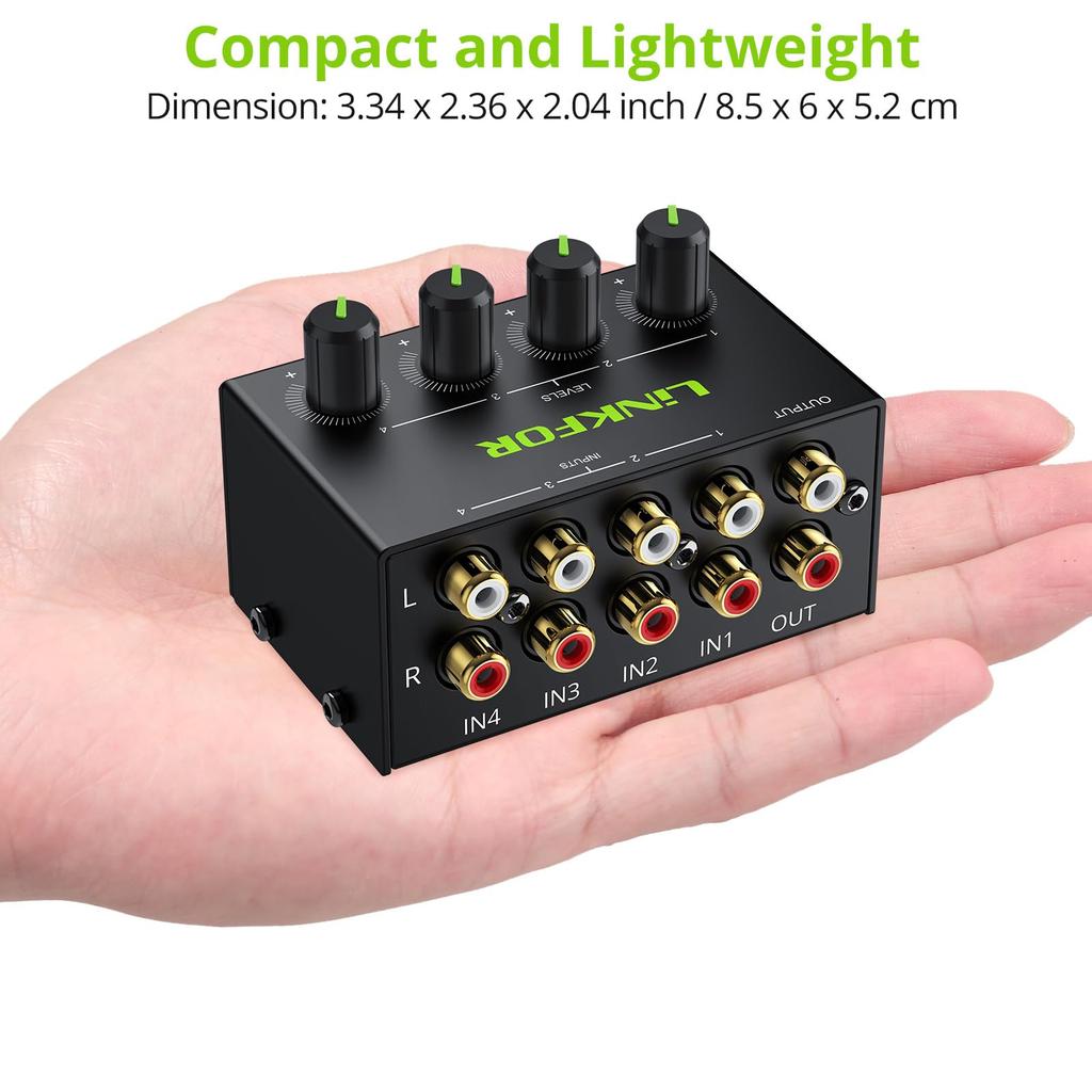 LiNKFOR Stereo Mini Mixer, RCA, 4-Channel Passive Mixer with Adjustable Volume, Metal Shell, Compatible with CD Players, Tape Players, Computers,