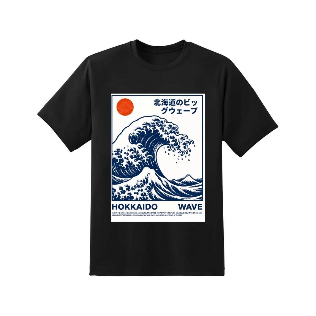 

Hokkaido Wave Japanese Graphic T T-Shirt Men Women Retro Oversized Black Tee M