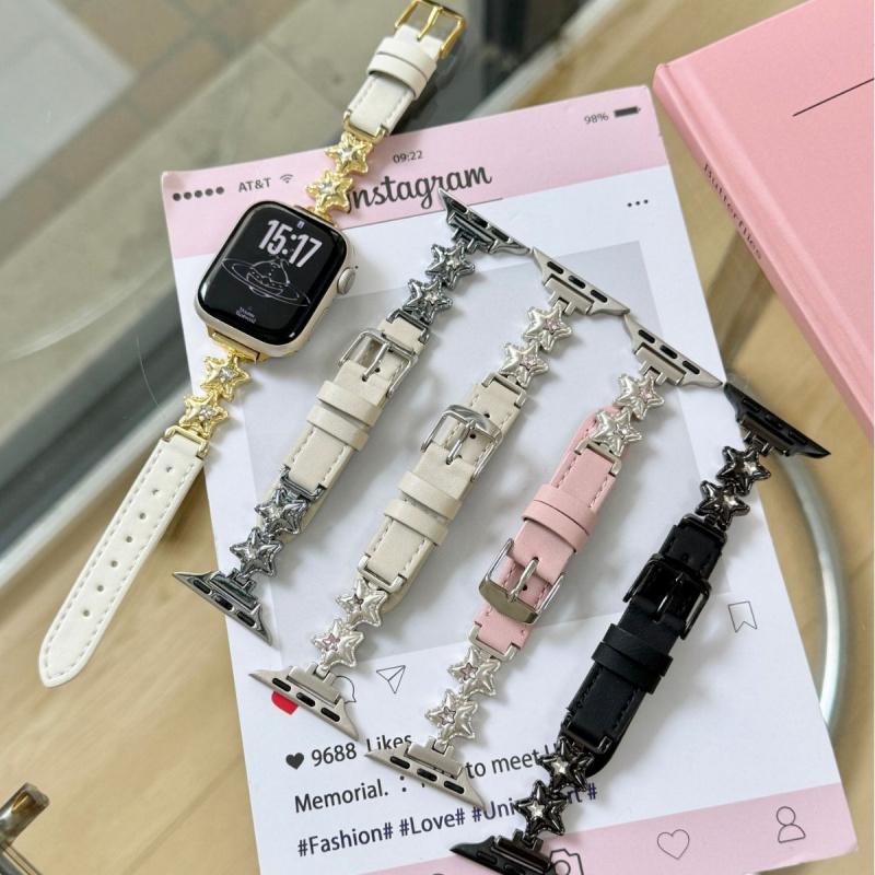 Luxury Diamond Strap for Apple Watch Bands S10 8 9 SE 7 6 Star Leather Women Wristband for iWatch 45 42 46 49 41 44 Ultra 46mm