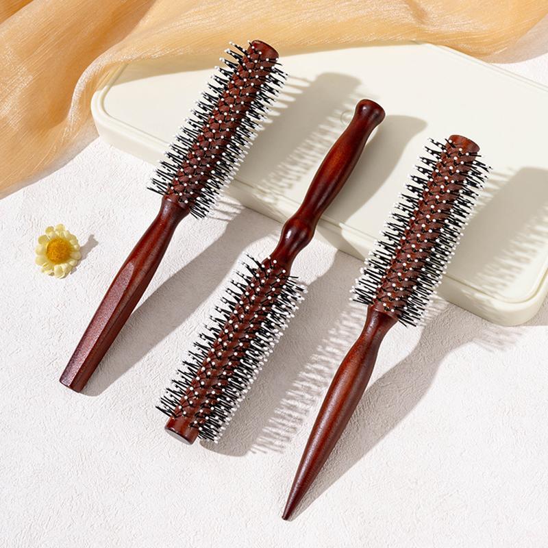 Anti-Static Wooden Handle Salon Styling Drying Tool Round Hairdressing Curling Massage Roller Comb For Real Hair Wigs Barber