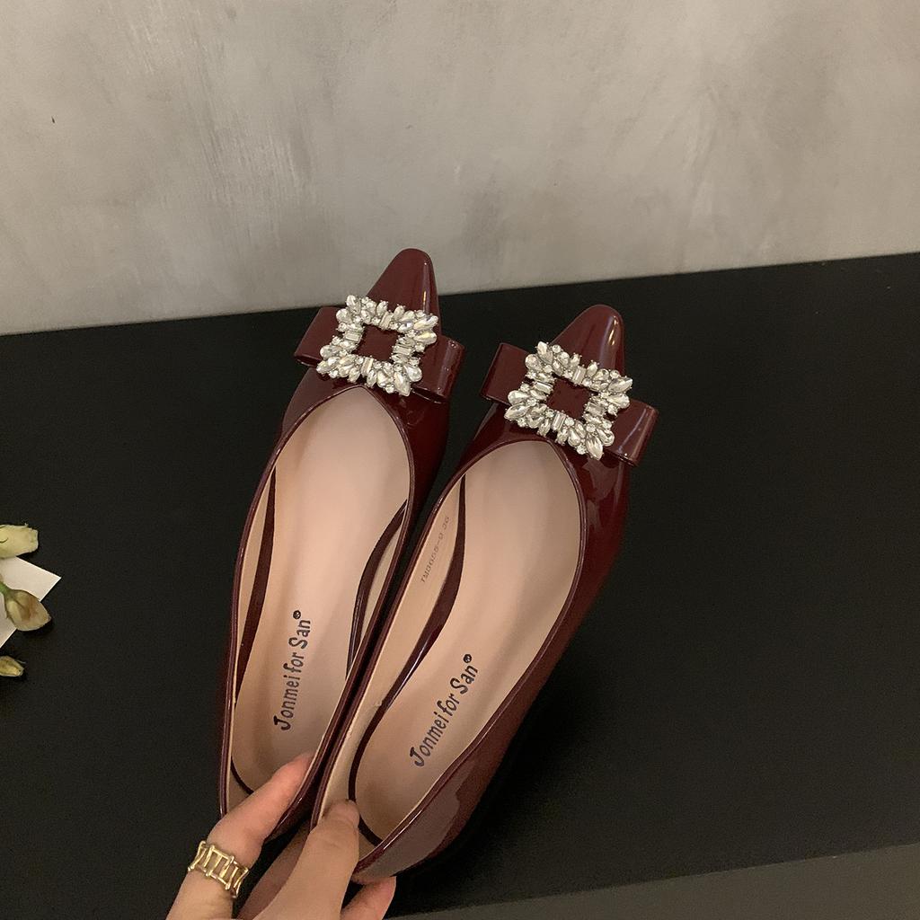 French temperament rhinestone square buckle pointed flat-soled single shoes women's 2025 summer new versatile one-pedal soft-soled ladyshoes
