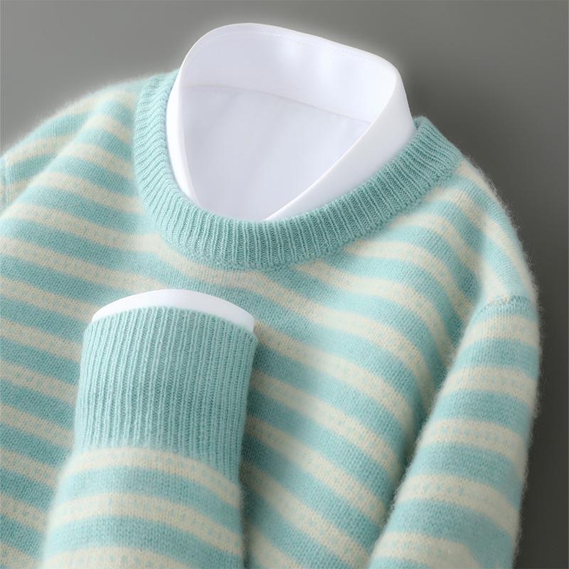 

Men s 100% Pure Wool Striped Round Neck Sweater - Casual Cashmere Knitwear XXL