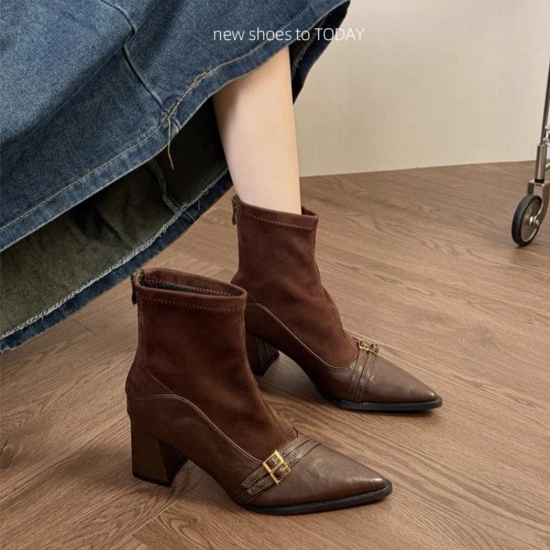 Metallschnalle Spleißvelours Blockabsatz Einzelstiefel Damenmode Spitzschuh Reißverschluss hinten Kurze Stiefel