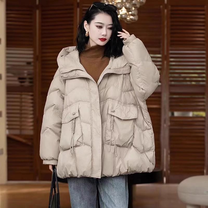 Womens Warm Hooded Down Jacket With Large Pockets Button Decor 2026 Fall Winter Loose Fit