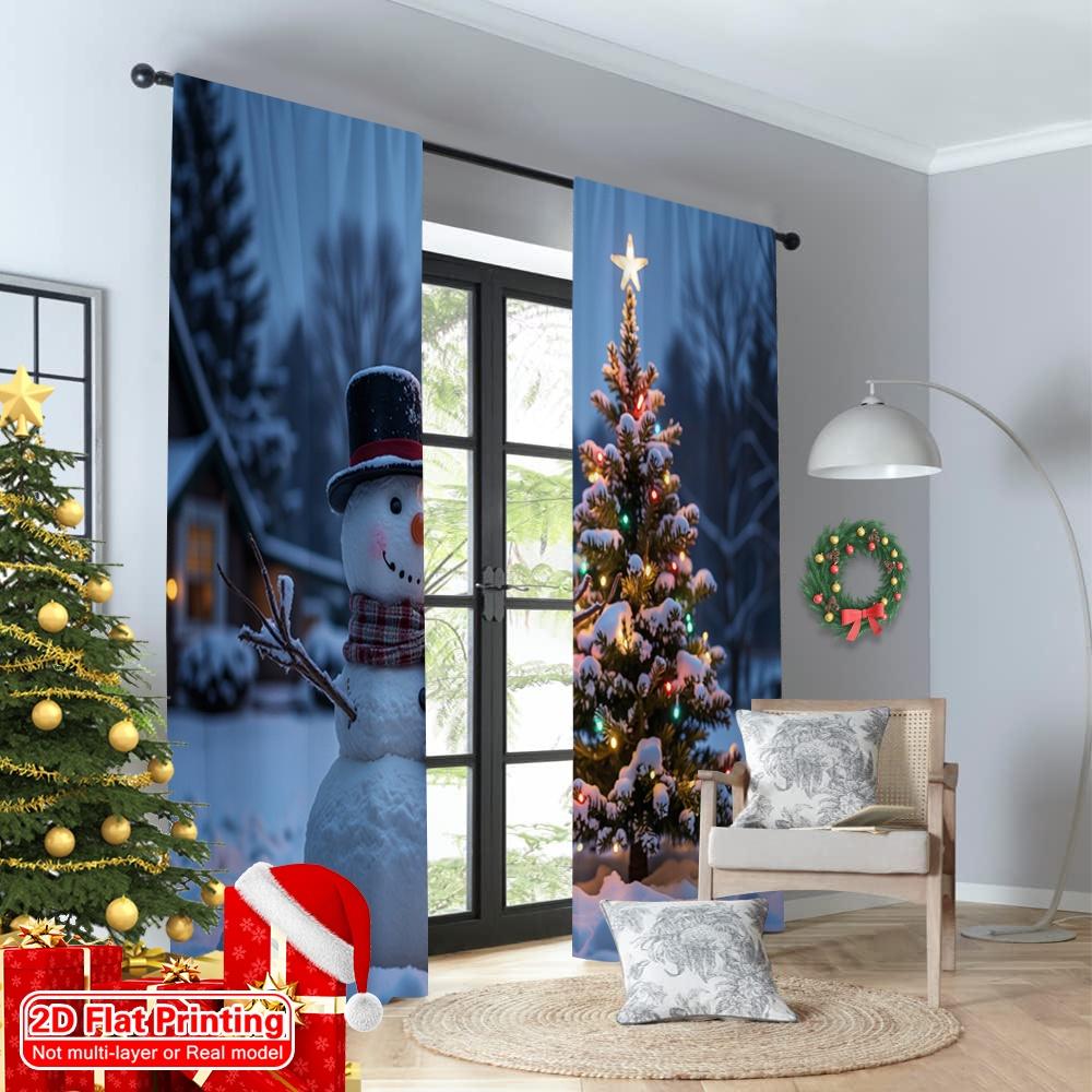 2pcs 2D Flat Printing Merry Christmas Popular Window Curtains Winter Snowman Christmas Tree Polyester Without Electricity Party