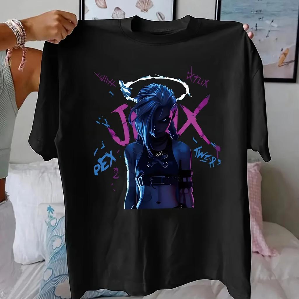Suitable for Anime and Game Fans Holiday Gift Fashion Casual Versatile Jinx Character TShirt Cartoon Style with Neon Colors