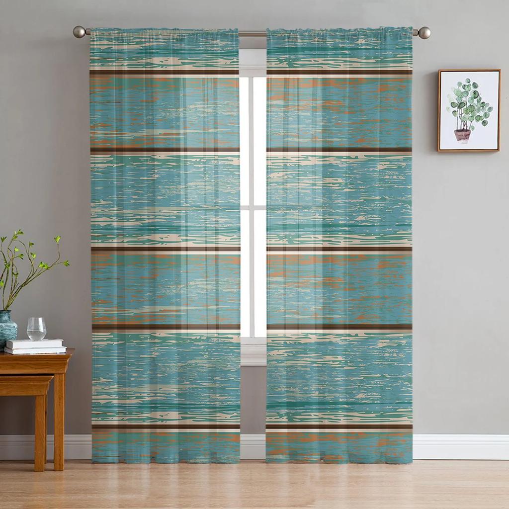 Braune Retro Holzmaserung Rustikale Durchsichtige Vorhänge für Wohnzimmerdekoration Fenstervorhang Küche Tüll Voile Organza Drapierungen