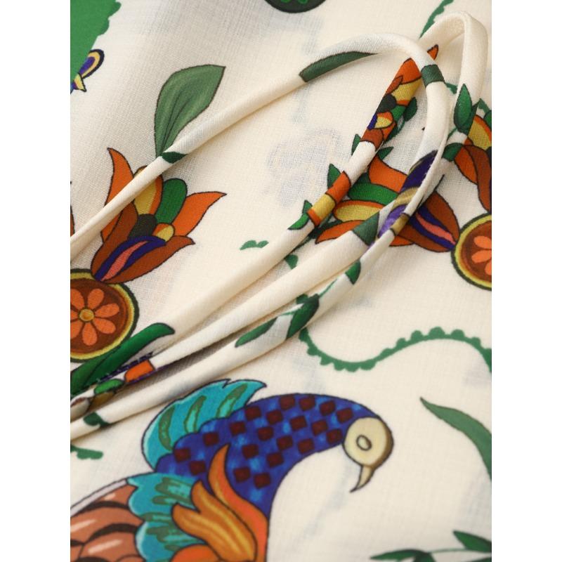 New Printed Lapel Dress Casual Peacock Flower Printed Mini Pleated Dress Women Long Lantern Sleeve Fashion Holiday Dresses Summer Loose Robe