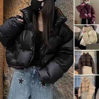 Fall Winter Women Cotton Coat Stand Collar Neck Protection Long Sleeve Windproof Thermal Thick Padded Smooth Zipper Closure Soft Lady Jacket