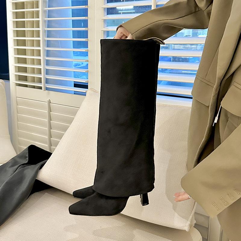 

Autumn and winter new pants boots niche design sense high boots pointed thin heels high heels but knee boots knight boots 35 чорний