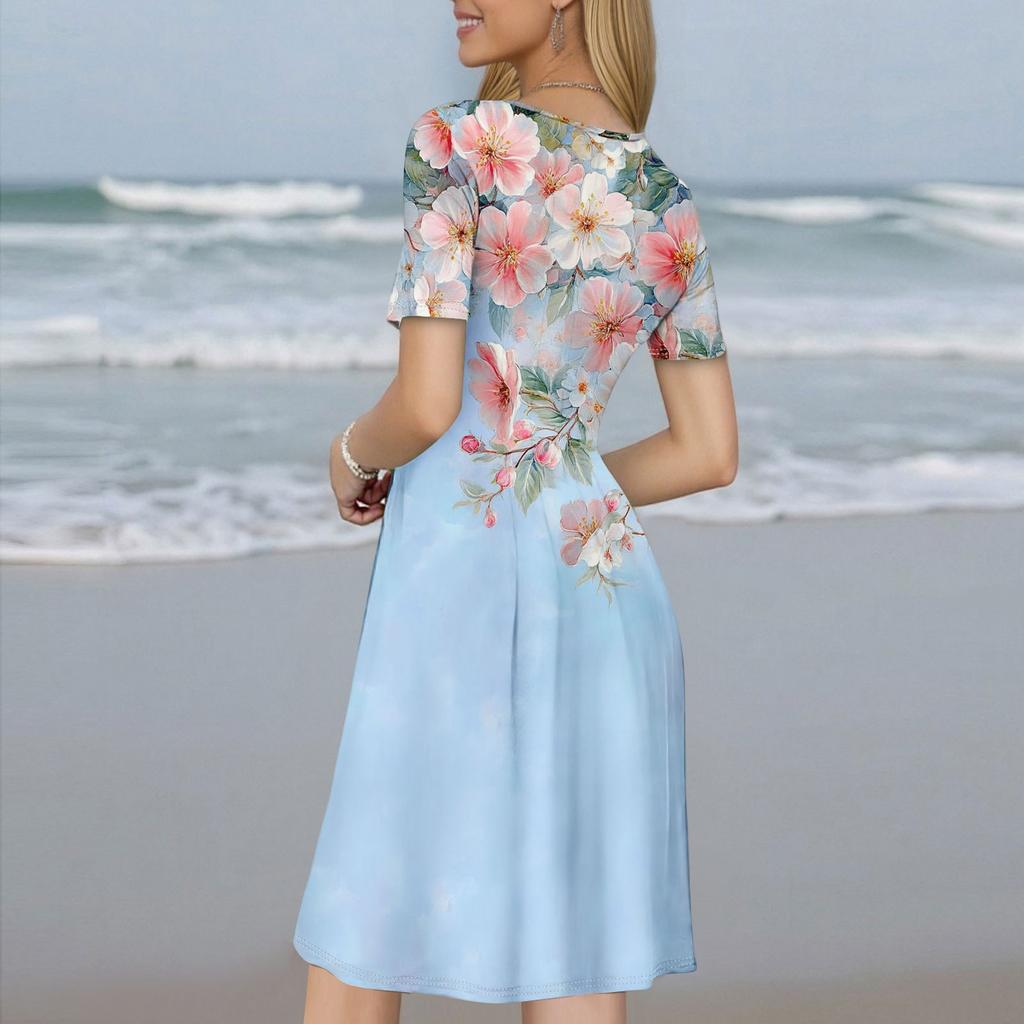 Women's Casual Sundress Summer Boho Beach Dress Floral Blouses For Women O Neck Loose Dresses