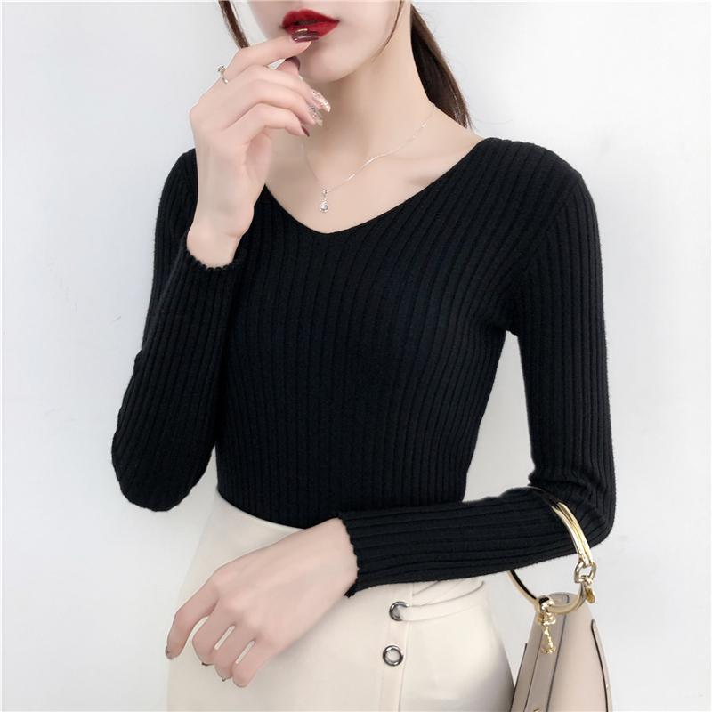 Autumn and Winter V-neck Knitted Sweater for Women Fashion Slim Fit Long Sleeve Base Pullover Sweaters Tops Ladies Elegant Solid Woman Knitwear 24978
