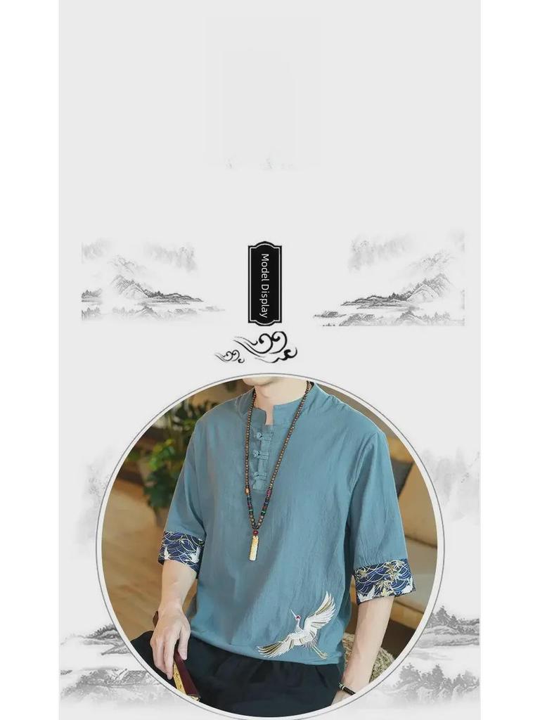 Herren Chinesischer Kran Stickerei Baumwolle-Leinen Kurzarm T-Shirt