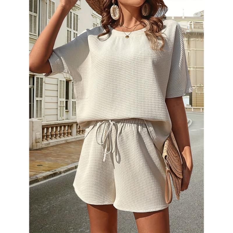 Summer Women Shorts Short Sleeve Tops Dressy Batshirt Suit Fashion Shorts Two Piece Set Casual Suit