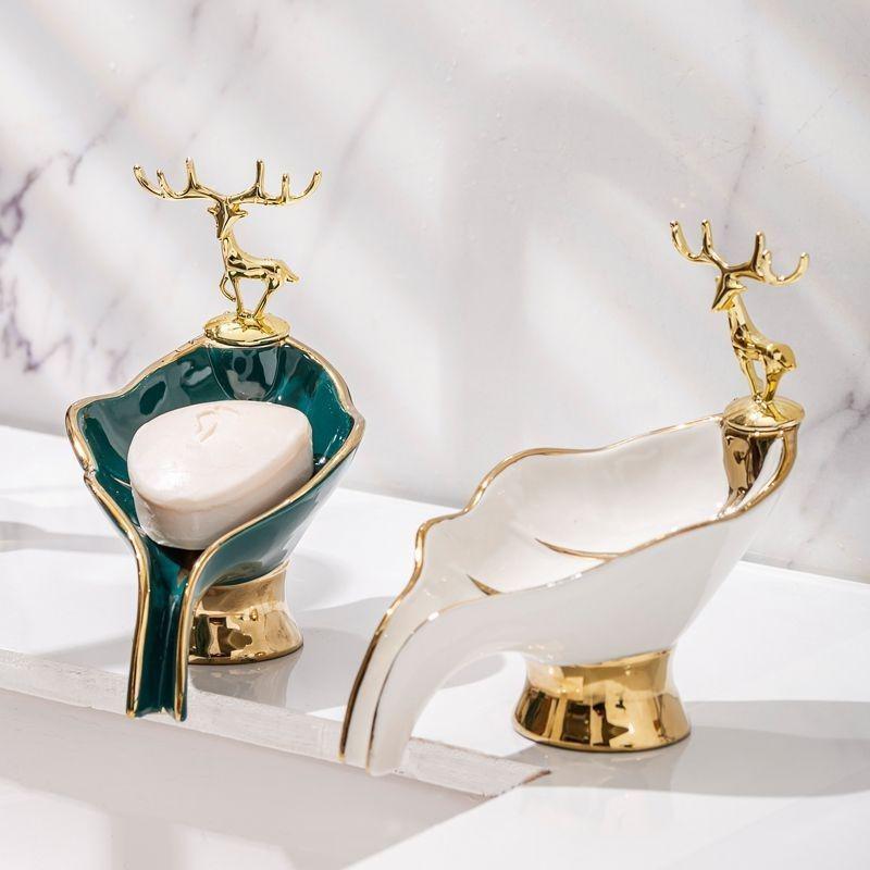 Elegant Ceramic Lotus Soap Dish - White & Green, Punch-Free Draining Design for High-End Bathroom Use