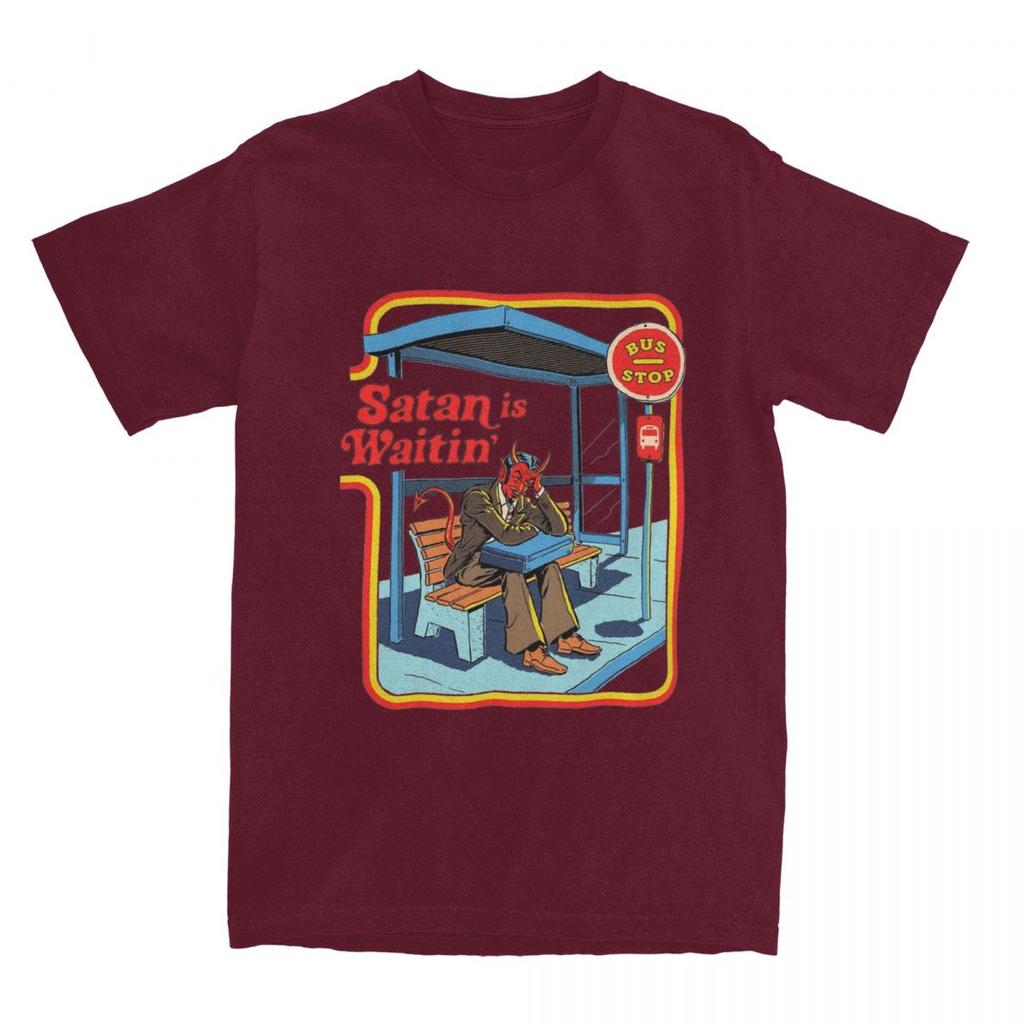 Satan Is Waiting Funny Vintage Dark Art Men Women's T Shirts Humor Pulp Art Apparel Novelty Tees T-Shirts 100% Cotton   Clothing