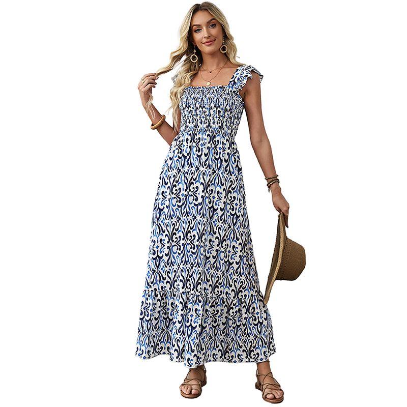 

American Shiying Holiday Style Sleeveless Dress Women 2025 Summer New Geometric Print High Waist Long dress Women Blue XL code fits (70.00 kg-75.00 kg