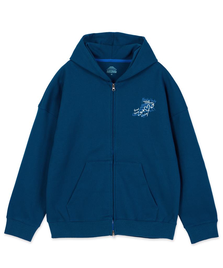 Astral Projection Graffiti Oversized Wide Shoulder Zip-Up Hoodie_Teal Blue